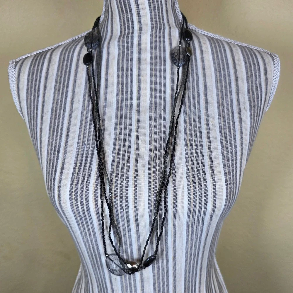 Long Layered Beaded Necklace Black Grey Oval Stones Statement Pendant whimsygoth
